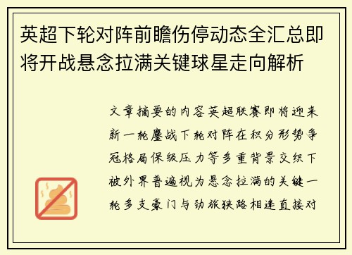 英超下轮对阵前瞻伤停动态全汇总即将开战悬念拉满关键球星走向解析